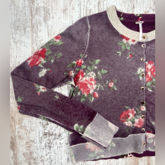 HTF Free People Patterned Cashmere Floral Cardi Malbec Combo Purple Large EUC - Picture 5 of 10
